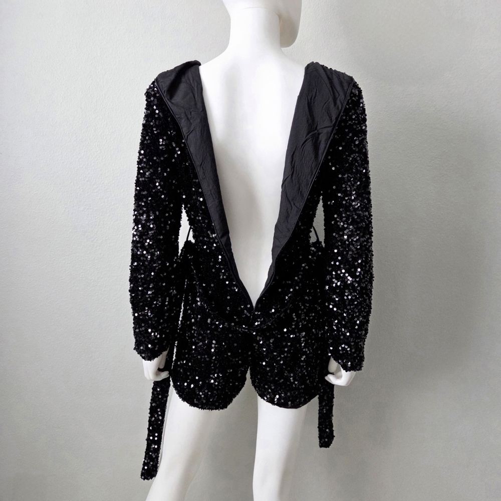 Black Sequin Long Sleeve Romper With V-Neckline & Removable Belt, Size Small - Picture 5 of 16
